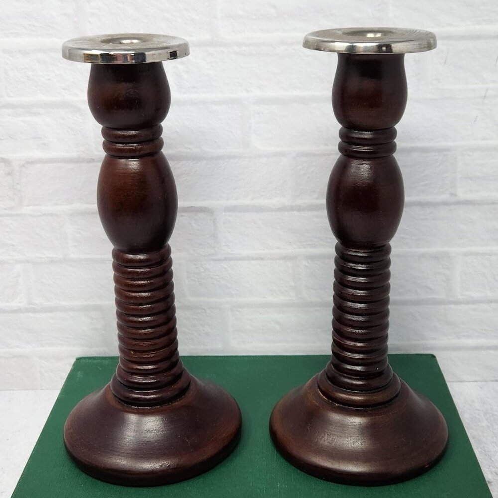 Vintage Turned Wood Chrome Top Taper Candle Holder Candlestick Pair 9.25"‎ Tall